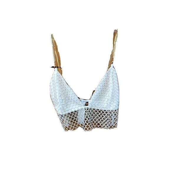 Superdown Gold mesh Bralette Lined White Zip Rhinestone Removable Straps M - Picture 1 of 10